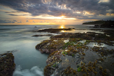 Scenic view of beach at sunset