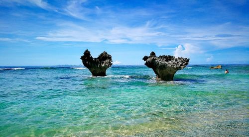 Scenic view of sea against blue sky