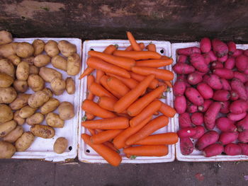 High angle view of vegetables for sale in market