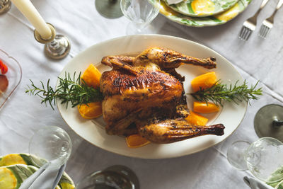 High angle view of food served on table