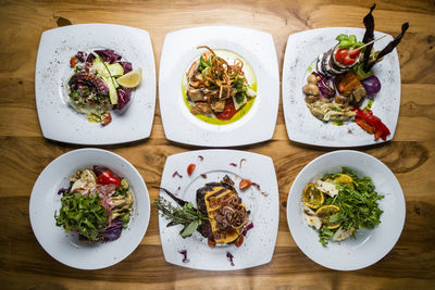 High angle view of food served on table