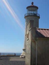 Lighthouse by sea against clear sky