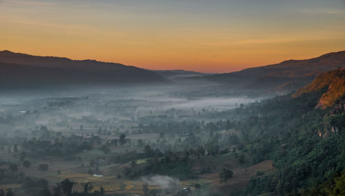High angle view of landscape against sky during sunset