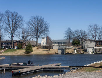 Scenic view of lake against clear blue sky