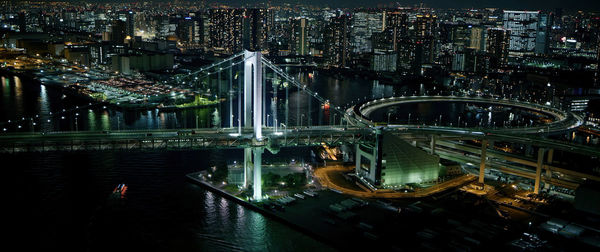 High angle view of illuminated bridge over river at night, tokyo-japan