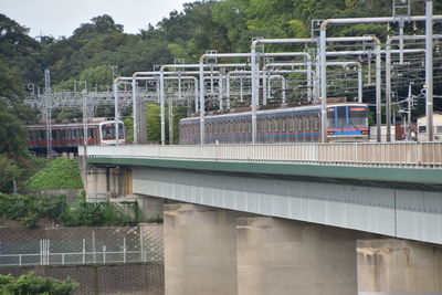 Train on bridge in city