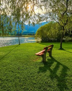 Scenic view of calm lake with trees in background