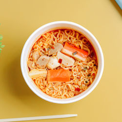 High angle view of food in bowl on table