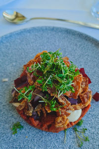 High angle view of food in plate on table