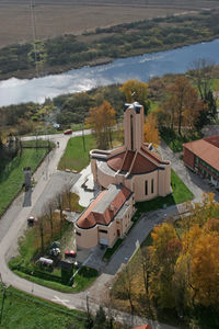 High angle view of buildings by river