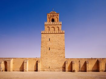 Back wall and tower of the oldest mosque in north africa, kairouan, tunisia