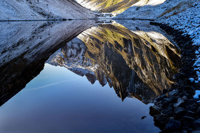 Aerial view of frozen lake and rocks against sky