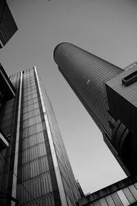 Low angle view of modern buildings against clear sky