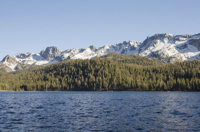 Scenic view of snowcapped mountains against clear blue sky