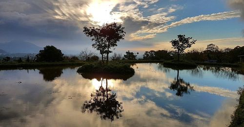 Scenic view of lake against sky during sunset