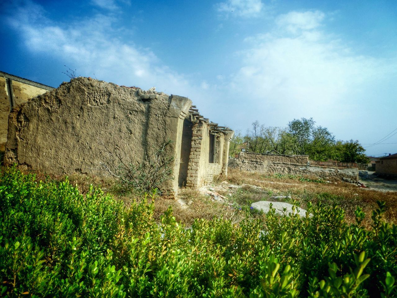 architecture, built structure, building exterior, sky, grass, plant, growth, green color, cloud, nature, cloud - sky, day, tree, house, blue, no people, outdoors, water, tranquility, field