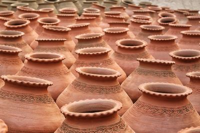 High angle view of clay pots