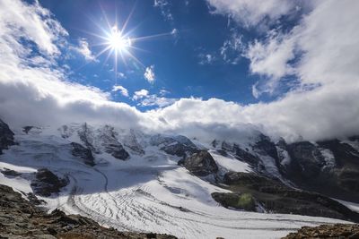 Scenic view of snow covered mountains against sky