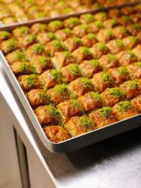 High angle view of food in baking sheet