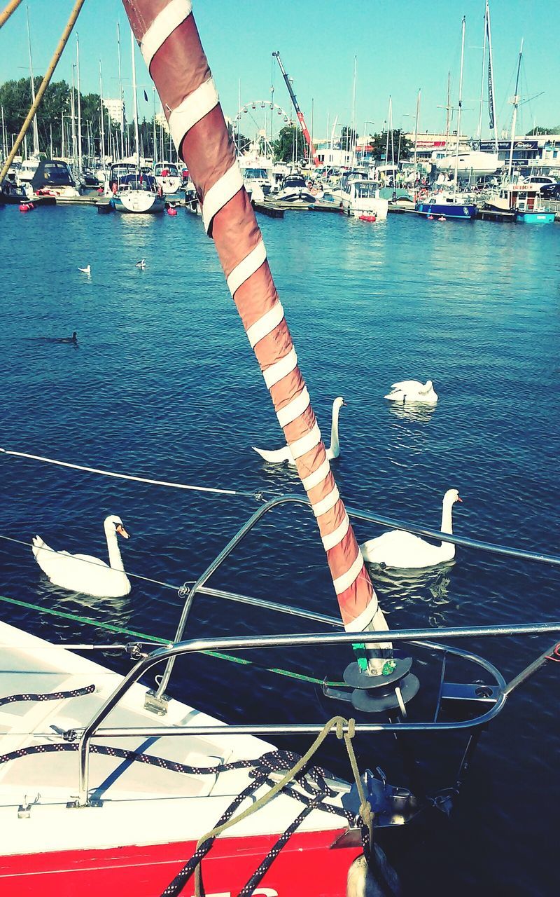 nautical vessel, transportation, moored, boat, mode of transport, water, harbor, mast, sea, sailboat, rope, blue, sky, travel, marina, commercial dock, no people, outdoors, day, clear sky