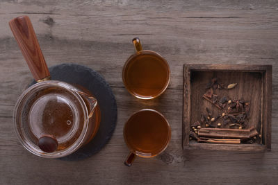 High angle view of tea on table
