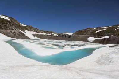 Scenic view of snow covered mountain against clear sky