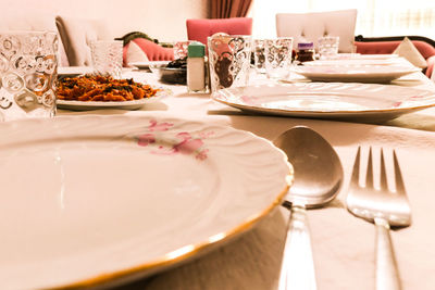 High angle view of food served on table