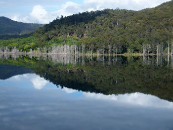 Scenic view of lake and mountains against sky