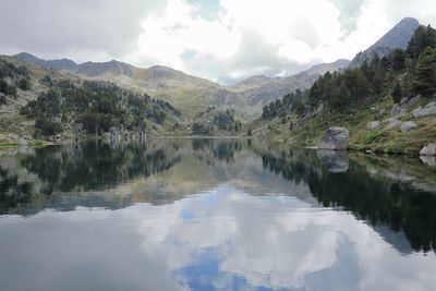 Scenic view of lake and mountains against sky