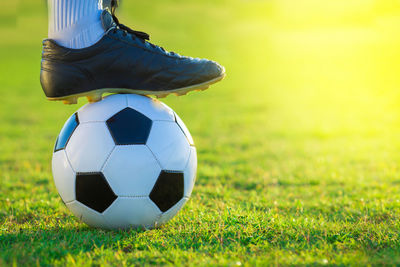 Low section of person playing soccer ball on grass