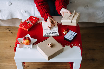 High angle view of christmas presents on table