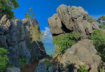 Rock formation amidst trees against sky