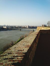 View of built structures against clear sky