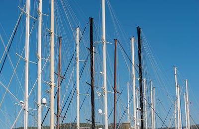 Ship pylons in the port of bodrum, turkey in front of cloudless sky