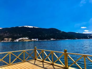 Scenic view of lake against blue sky