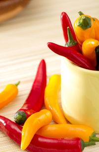 Close-up of chili peppers on table