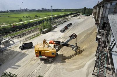 High angle view of earth mover working at quarry