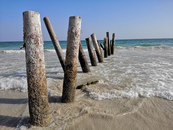 Wooden posts on beach against sky