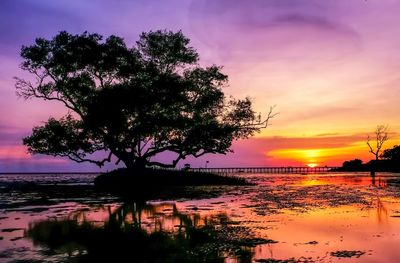 Silhouette tree by lake against romantic sky at sunset