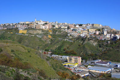 Buildings in city against clear blue sky