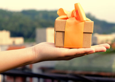 Cropped image of hand holding christmas present