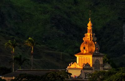 Statue of illuminated building at night