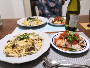 High angle view of food served on table