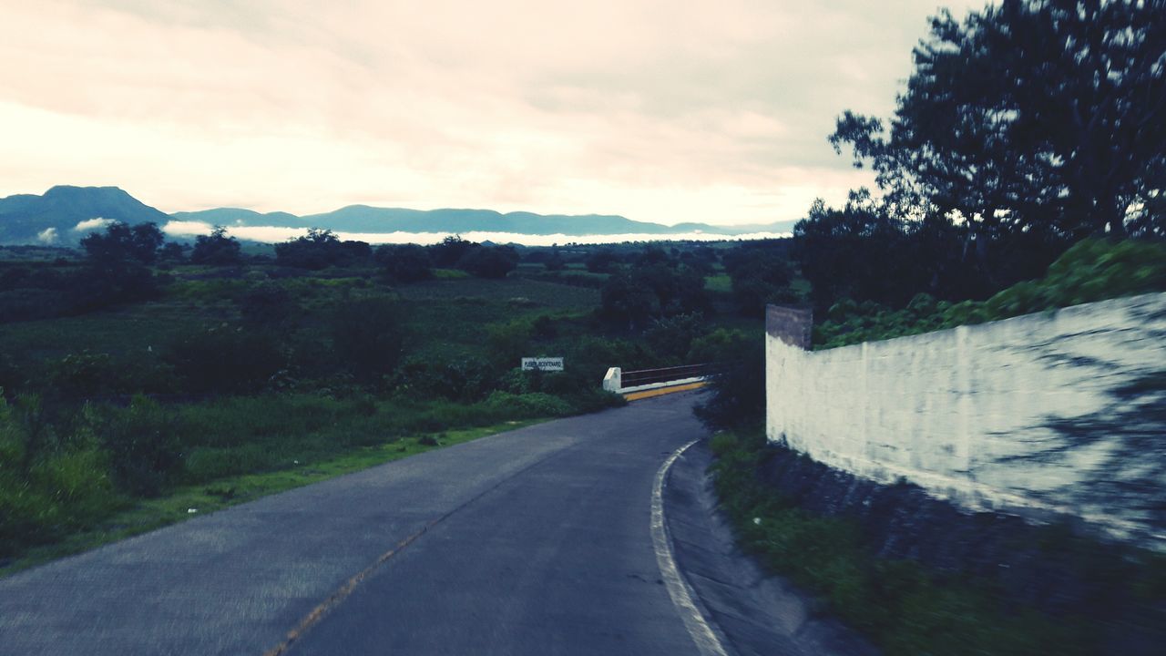 road, transportation, tree, the way forward, landscape, mountain, tranquility, tranquil scene, cloud - sky, mountain road, sky, countryside, nature, scenics, outdoors, mountain range, solitude, non-urban scene, day, remote, curve, country road, beauty in nature, long, empty road