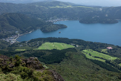 High angle view of sea and mountains