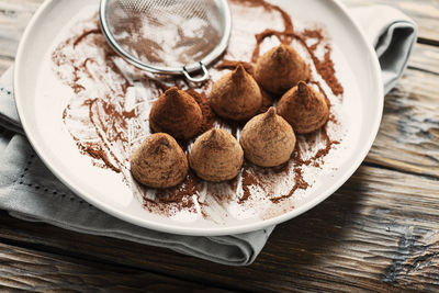 High angle view of dessert in plate on table