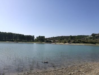 Scenic view of lake against clear blue sky