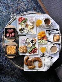 High angle view of breakfast on table