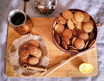High angle view of breakfast on table