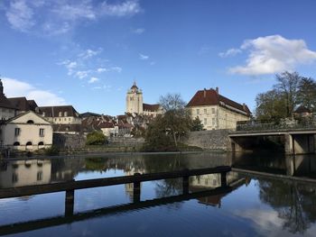 The notre-dame de dole church and the old town seen from the rhône-rhine canal's banks, france